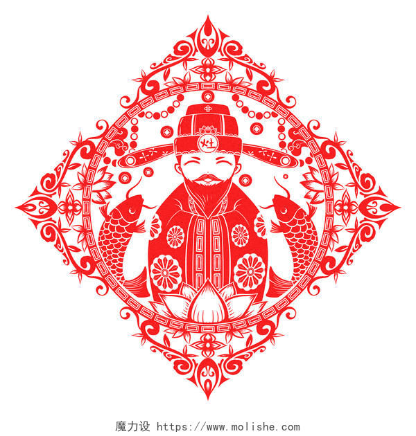 喜庆新年小年剪纸风2020灶王爷拜年中国传统习俗窗花人物原创插画素材